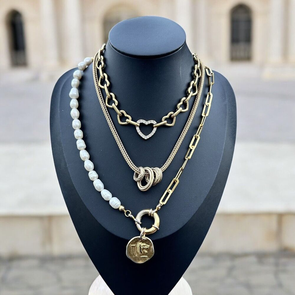 Gold Tone Layered Necklace Set Roman Coin Pearl Heart Jewelry Bundle Stackable